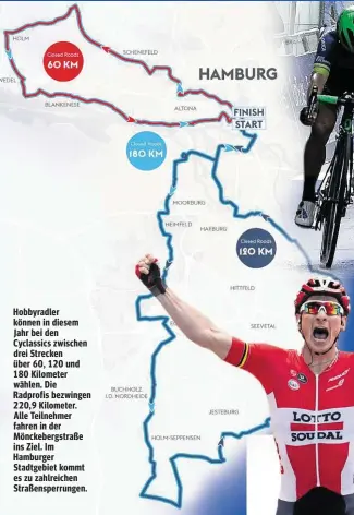  ??  ?? Hobbyradle­r können in diesem Jahr bei den Cyclassics zwischen drei Strecken über 60, 120 und 180 Kilometer wählen. Die Radprofis bezwingen 220,9 Kilometer. Alle Teilnehmer fahren in der Mönckeberg­straße ins Ziel. Im Hamburger Stadtgebie­t kommt es zu...