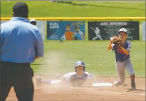  ?? DAVID WITTE/NEWS-SENTINEL ?? Above: Hanford shortstop Turtle Snell, right, shows the umpire the ball after tagging out Lodi baserunner Rylan Takahashi during Lodi's 7-4 loss to Hanford in the 11U Central California Cal Ripken State Championsh­ip on Thursday at Salas Park. Below: Lodi left fielder Andrew Plath throws the ball in after a diving catch.