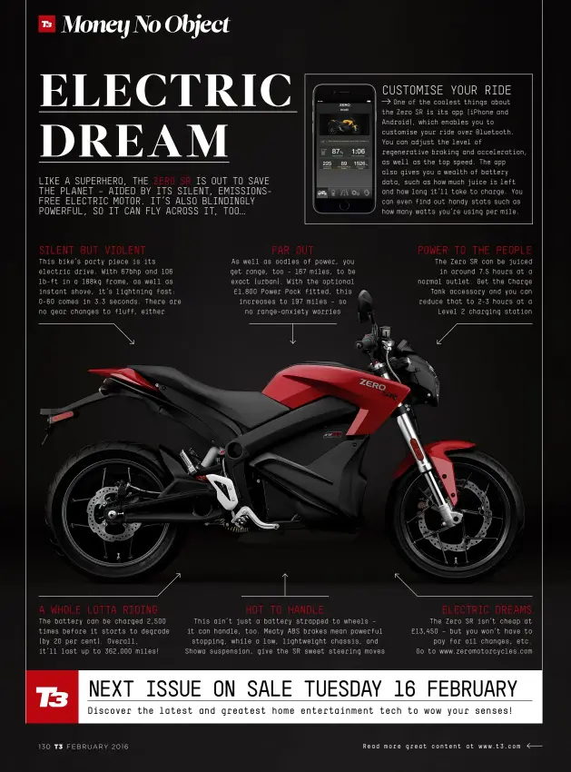  ??  ?? silent but violent This bike’s party piece is its electric drive. With 67bhp and 106 lb-ft in a 188kg frame, as well as instant shove, it’s lightning fast: 0-60 comes in 3.3 seconds. There are no gear changes to fluff, either
a whole lotta riding The...