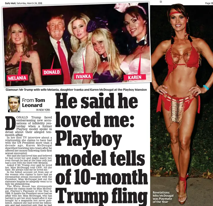  ??  ?? Revelation­s: Miss McDougal was Playmate of the Year Glamour: Mr Trump with wife Melania, daughter Ivanka and Karen McDougal at the Playboy Mansion