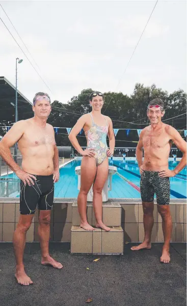  ?? Picture: BRENDAN RADKE ?? BIG SWIM: Ed Lukin, Peta Newbold and James Marsh are among the hardy souls who will attempt the challenge individual­ly at the Smithfield pool on August 19.