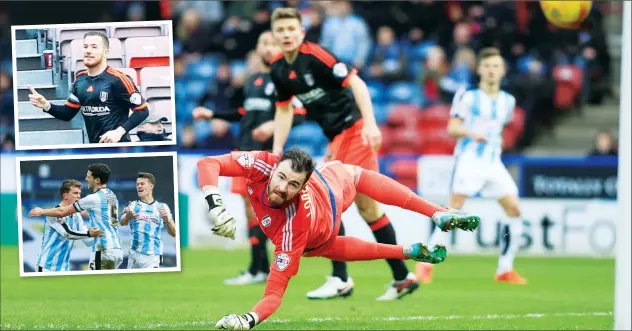  ?? PICTURES: Media Image ?? NO WAY PAST: Fulham keeper Andy Lonergan keeps out Jamie Paterson’s strike. Insets: Ross McCormack, top, and Mark Hudson celebrate their goals