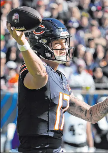  ?? Nam Y. Huh The Associated Press ?? Bears rookie quarterbac­k Tyson Bagent threw for 169 yards and a touchdown while making his first NFL start.