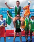  ?? SPORTSFILE ?? Mark O’Donovan, Shane O’Driscoll and, right, Paul O’Donovon celebrate their golden moments at the World Championsh­ips in Florida