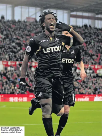  ??  ?? One high spot for the Swans... Wilfried Bony’s opening goal at Stoke