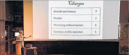  ?? WENDY ROSE/SPECIAL TO THE TELEGRAM ?? Joy Fraser details various charges laid in mummering-related court cases, such as “assault and battery” and “mumming without a license.”