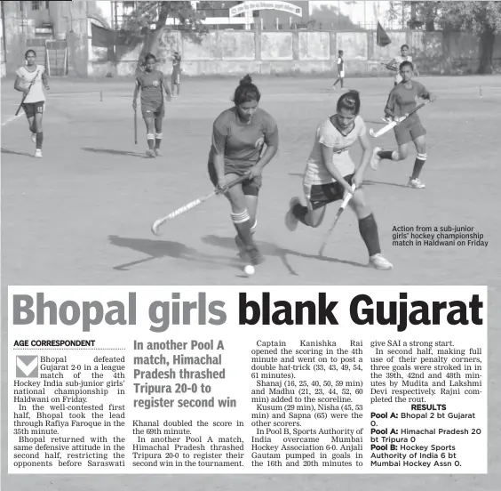  ??  ?? Action from a sub- junior girls’ hockey championsh­ip match in Haldwani on Friday