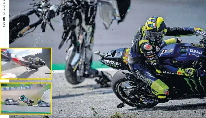  ??  ?? Las motos de Zarco y Morbidelli salieron disparadas después del accidente que hubo entre ambos y a punto estuvieron de impactar contra Rossi (en la imagen grande) y Maverick.