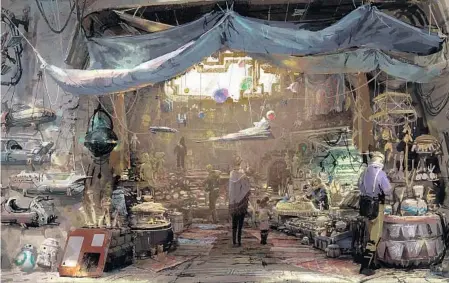  ?? COURTESY WALT DISNEY CO. ?? Details of Star Wars: Galaxy’s Edge were unveiled recently. Above, a rendering shows the Toydarian market. Below, full-size X-wing fighters take shape.