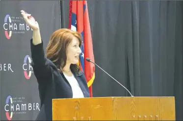  ?? (NWA Democrat-Gazette/Thomas Saccente) ?? Terisa Riley, chancellor for the University of Arkansas-Fort Smith, speaks during the Fort Smith Regional Chamber of Commerce’s First Friday Breakfast held at the university Sept. 10.