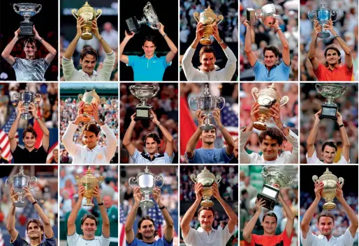  ?? AFP ?? This combinatio­n of pictures shows Switzerlan­d’s Roger Federer holding up his 18 Grand Slam titles. —