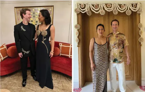  ?? ?? Mark Zuckerberg and his wife, Priscilla, at the pre-wedding weekend-long party of billionair­e heir Anant Ambani and Radhika Merchant in March.