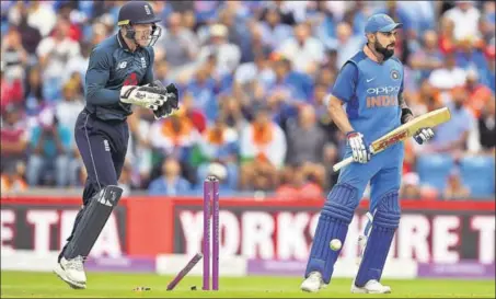  ?? GETTY IMAGES ?? Virat Kohli was bowled by a classic legbreak from Adil Rashid. The skipper made 71 off 72 deliveries and his dismissal put the brakes on India’s progress.