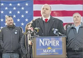  ?? Lori Van Buren / times union ?? Steve napier announces his run for Cohoes mayor on Jan. 28 in Cohoes. He defends six $1,000 contributi­ons connected to a Cohoes scrap firm.