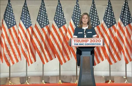  ?? COURTESY OF THE COMMITTEE ON ARRANGEMEN­TS FOR THE 2020 REPUBLICAN NATIONAL COMMITTEE VIA AP ?? Karen Pence, wife of Vice President Mike Pence, speaks from Washington, during the third night of the Republican National Convention on Aug. 26.