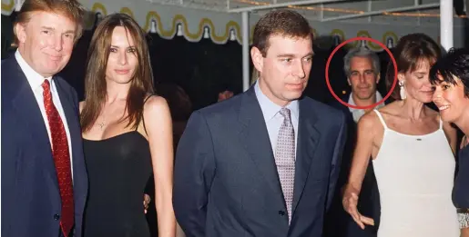  ??  ?? Rich friends: Andrew with Donald Trump — and future wife Melania — and Epstein (circled) at Trump’s Mar-aLago resort in Florida in February 2000. Ghislaine Maxwell is on the far right