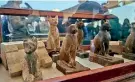  ??  ?? Newly-discovered animal mummies along with an extensive collection of 75 wooden and bronze statues of cats, are on show at the Step Pyramid of Djoser in Saqqara