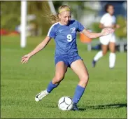  ?? STAN HUDY/THE SARATOGIAN ?? Saratoga Springs junior midfielder Hailey von Ahn puts a foot on the ball, firing towards the Burnt Hills goal Tuesday in Suburban Council action at Saratoga Springs High School.