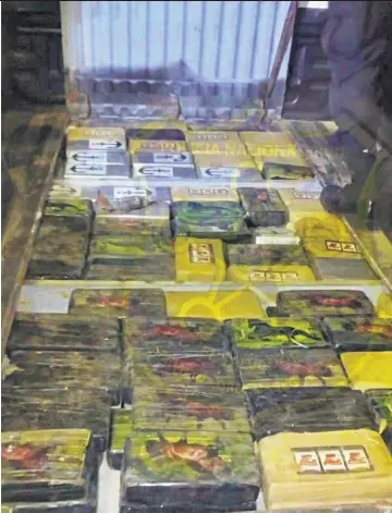  ??  ?? Incautació­n. Los 160 paquetes de cocaína, con un kilo cada uno, estaban escondidos en un compartime­nto secreto debajo de la superficie de la cama de un pick up.