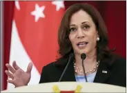  ?? EVELYN HOCKSTEIN—ASSOCIATED PRESS ?? U.S. Vice President Kamala Harris attends a joint news conference with Singapore’s Prime Minister Lee Hsien Loong in Singapore Monday, Aug. 23, 2021.