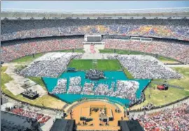  ?? AFP ?? US President Donald Trump addresses the crowd at Sardar Patel Stadium in Motera during the
■ 'Namaste Trump' event on Monday.