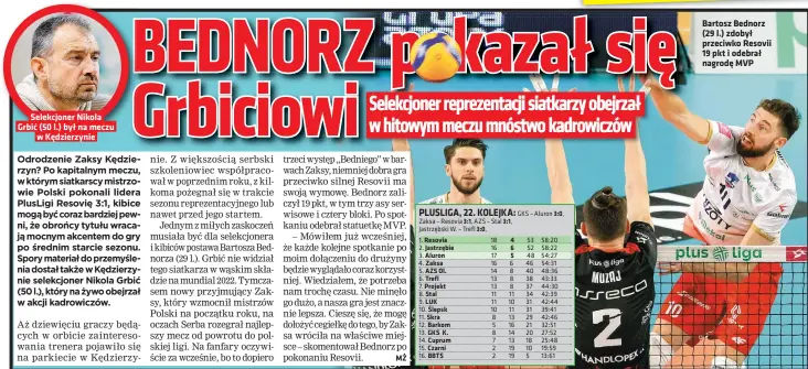  ?? Foto PAP/KRZYSZTOF ŚWIDERSKI, ART SERVICE ?? Selekcjone­r Nikola Grbić (50 l.) był na meczu w Kędzierzyn­ie
Bartosz Bednorz (29 l.) zdobył przeciwko Resovii 19 pkt i odebrał nagrodę MVP