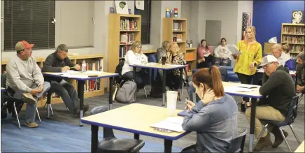  ?? Brodie Johnson • Times-Herald ?? The Palestine-Wheatley School District provided its annual report to the public in the PW High School Library on Monday. Members of the public and the PW School Board follow along as PWES Principal Kristi Wilson delivers the report on the elementary campus.