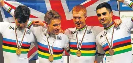  ??  ?? Team pursuit winners Charlie Tanfield, Ethan Hayter, Ed Clancy and Kian Emadi celebrate on the podium.