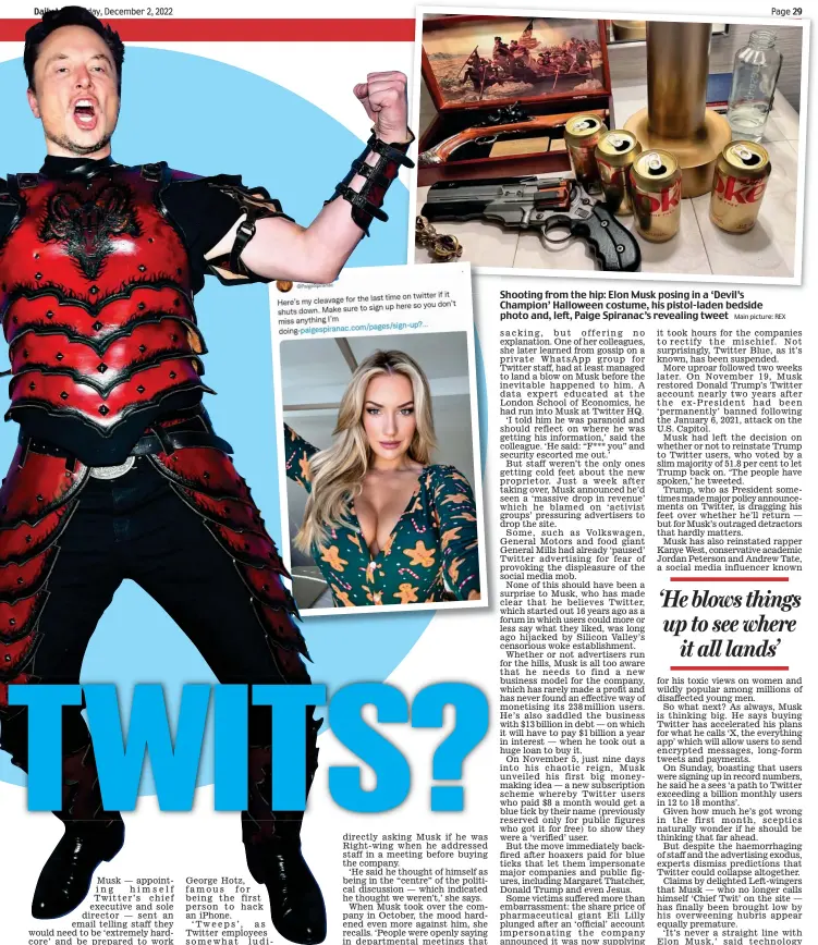 ?? Main picture: REX ?? Shooting from the hip: Elon Musk posing in a ‘Devil’s Champion’ Halloween costume, his pistol-laden bedside photo and, left, Paige Spiranac’s revealing tweet