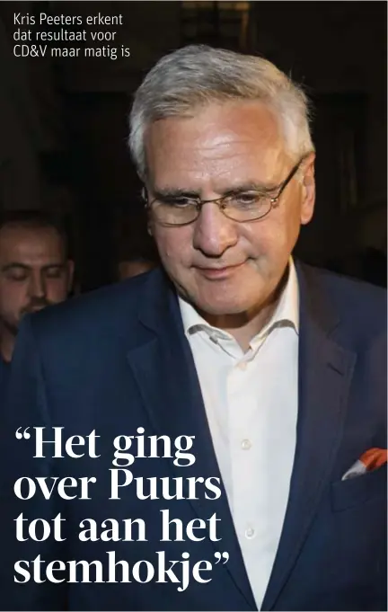  ?? FOTO KRIS VAN EXEL ?? Kris Peeters is zichtbaar teleurgest­eld in het resultaat van zijn partij en in zijn voorkeurst­emmen. “Voorkeurst­emmen strelen de ijdelheid, maar het gaat in de eerste plaats om de prestatie van het team.”