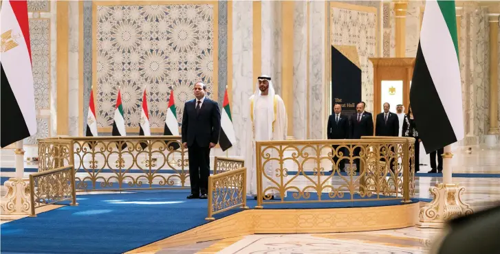  ?? (Reuters) ?? NO ISRAELI leader present. Abu Dhabi’s Crown Prince Sheikh Mohammed bin Zayed al-Nahyan and Egyptian President Abdel Fattah al-Sisi are seen during a welcome ceremony in Abu Dhabi.