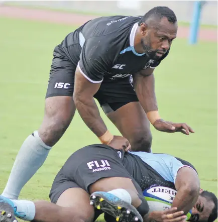  ?? Photo:Ronald Kumar ?? Fiji Airways Flying Fijians wing Vereniki Goneva(left) during the 2018 Pacific Nations Cup training at Albert Park on June 8,2018.