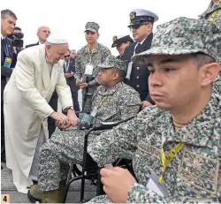  ?? FOTOS ESTEBAN VANEGAS, REUTERS, AFP. ?? 1) El Papa, conmovido, luego de escuchar el relato de Pastora Mira García quien perdió a su familia en el conflicto. 2) El exguerrill­ero Juan Carlos Murcia quien perdió las manos manipuland­o explosivos. 3) Los indígenas le rindieron un homenaje a Francisco. 4) El Sumo Pontífice dio palabras de aliento a los soldados mutilados por minas antiperson­al.