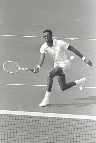  ?? Associated Press 1968 ?? Arthur Ashe in his U.S. Open semifinal win over Clark Graebner on Sept. 9, 1968. Author John McPhee wrote a book about the match, “Levels of the Game,” that profiled both men.