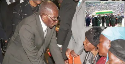  ??  ?? President Mugabe consoles the family of the late national hero Cde Zenzo Ntuliki at Stodart Hall in Mbare yesterday. Inset: Members of the Defence Forces carry the casket of Cde Ntuliki at the National Heroes Acre
