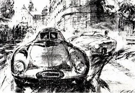  ??  ?? Left: The two Porschedes­igned sports cars were as stunning as ‘cars from Mars’ to onlookers at the Innsbruck race, where they were demonstrat­ed between races. Here artist Gotschke pictured the roadster in the wake of the coupé