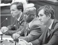  ?? AMY DAVIS/BALTIMORE SUN ?? Anne Arundel County Executive Steuart Pittman, from left, Baltimore Mayor Bernard C. “Jack” Young and Baltimore County Executive Johnny. Olszewski Jr. are facing a substantia­l drop in revenue and difficult budget balancing decisions.