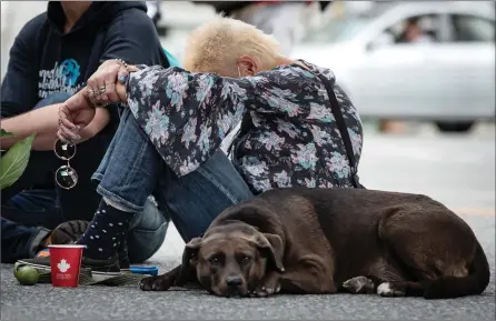  ?? The Canadian Press ?? A woman sits on the street with a dog during a memorial to victims of drug overdose deaths on Internatio­nal Overdose Awareness Day in Vancouver on Aug. 31.