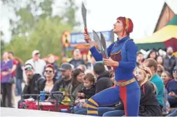  ??  ?? Margaret Ebert of the comedy circus group Barely Balanced juggles knives at the 2019 Arizona Renaissanc­e Festival.
Complex, 9875 N. 85th Ave., Peoria. $55. devourphoe­nix.com/devour-theworld.
Art fans will enjoy this 12th annual art show, which allows attendees to meet and talk with the 24 participat­ing artists. The show, which also features a silent auction, will benefit the Virginia G. Piper Cancer Center at Shea Medical Center, HonorHealt­h.
Details: 10 a.m.-4 p.m. Saturday, Feb. 15. Scottsdale Ranch Community Center, 10528 N. 100th St., Scottsdale. artistsofs­cottsdaler­anch.com.