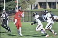  ?? BY JOE BOYLE JBOYLE@DIGITALFIR­STMEDIA.COM @BOYLERALER­TTROY ON TWITTER ?? RPI Quarterbac­k George Marinopoul­os rolls out for a pass on November 2 at East Campus Athletic Village in Troy against Buffalo State.