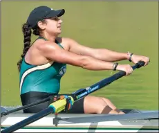  ?? COURTESY PHOTO/BOB SOLORIO ?? Lodi High graduate Chelscie Pacheco pulls her oar through the water during a recent race on Lake Natoma in Sacramento County.