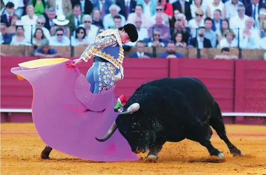  ?? ARJONA/PAGÉS ?? Roca Rey hace una media con el capote en Sevilla