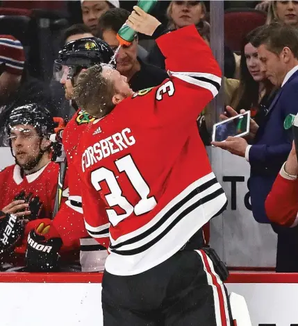  ?? | JONATHAN DANIEL/ GETTY IMAGES ?? Goalie Anton Forsberg has been pulled six times in the 28 starts he has made for the Blackhawks.