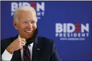  ?? MATT SLOCUM — THE ASSOCIATED PRESS ?? Democratic presidenti­al candidate former Vice President Joe Biden speaks Thursday during a roundtable on economic reopening with community members in Philadelph­ia.