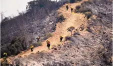  ?? WILL LESTER/THE ORANGE COUNTY REGISTER ?? A hand crew works a fire break as it establishe­s a hose line along a ridge during the El Dorado Fire west of Forest Falls, Calif., on Thursday. The fire was started by a device at a party.