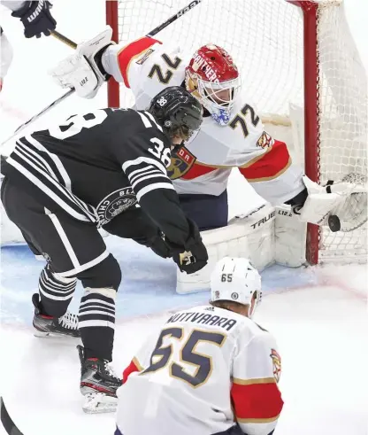  ?? JONATHAN DANIEL/GETTY IMAGES ?? Brandon Hagel (38) played on the Hawks’ power play, and the unit notched the team’s third goal Saturday.