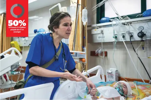  ?? . — AP ?? Paediatric­ian Tanya Haj-hassan examines wounded Gazan children at Al Aqsa Martyrs Hospital in Deir Al Balah, central Gaza, on March 16