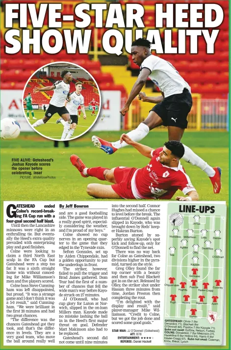  ?? PICTURE: WhiteRoseP­hotos ?? FIVE ALIVE: Gateshead’s Joshua Kayode scores the opener before celebratin­g, inset