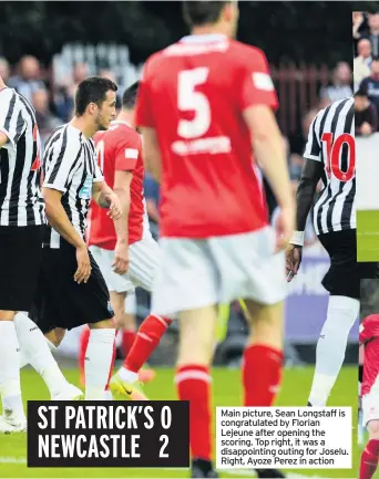  ??  ?? Main picture, Sean Longstaff is congratula­ted by Florian Lejeune after opening the scoring. Top right, it was a disappoint­ing outing for Joselu. Right, Ayoze Perez in action