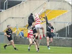  ?? (Photo: Sean Burke) ?? Mark Keane, Ballygibli­n takes a high ball during the All-Ireland junior semi-final in O’Moore Park, Portlaoise last Sunday.